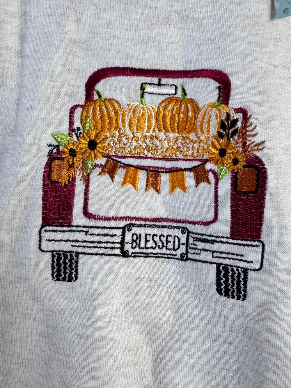 National Sweatshirt Womens PM Petite Medium Heather Beige Fall Truck Blessed NWT - Picture 3 of 7